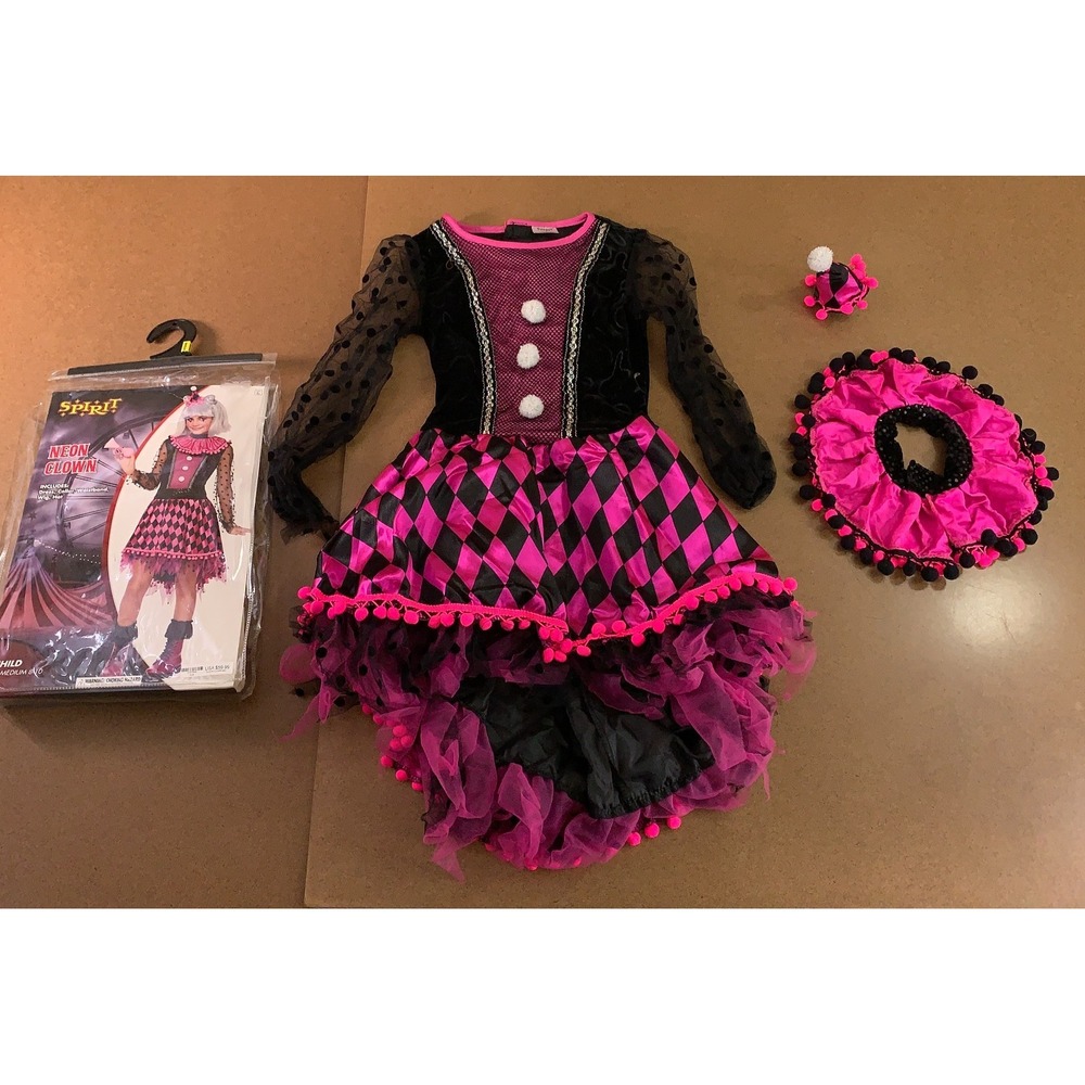 Spirit Halloween Child Medium (8-10) Pink Black Neon Clown Costume NWT *Flaw